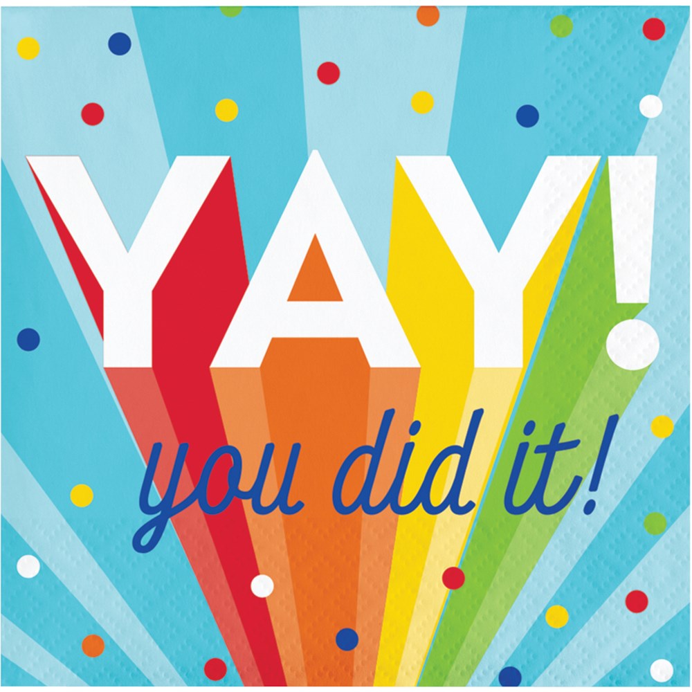 Square beverage napkin with colorful rainbow rays and confetti dots, featuring "YAY! you did it!" text in bold white and.
