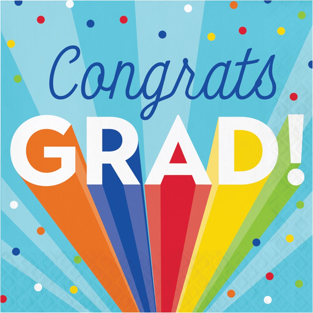 Square paper luncheon napkin with blue background, colorful confetti, and "Congrats Grad!" text above a rainbow gradient.