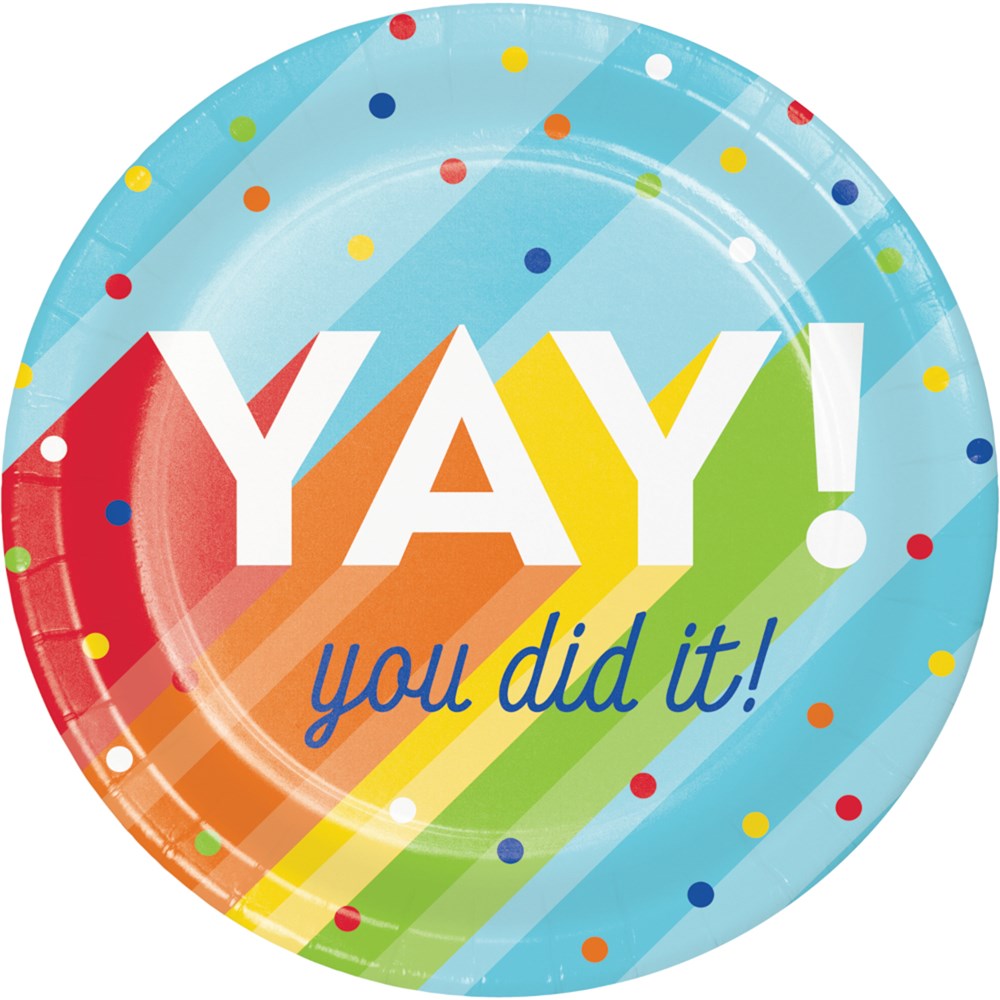 Round paper plate with diagonal rainbow stripes, multicolored confetti dots, and "YAY! you did it!" text in white and blue.