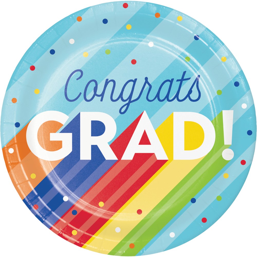 Round light blue paper plate with colorful diagonal rainbow stripes and "Congrats GRAD!" text in white and blue letters.