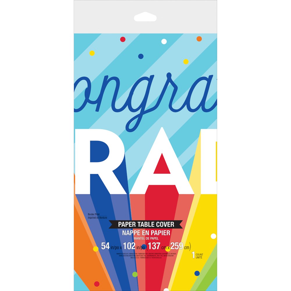 Colorful paper table cover with rainbow gradient and partial "Congrats Grad" text, 54x102 inches.