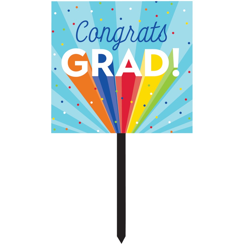 Square yard sign with "Congrats Grad!" text, rainbow rays, colorful confetti on light blue background.