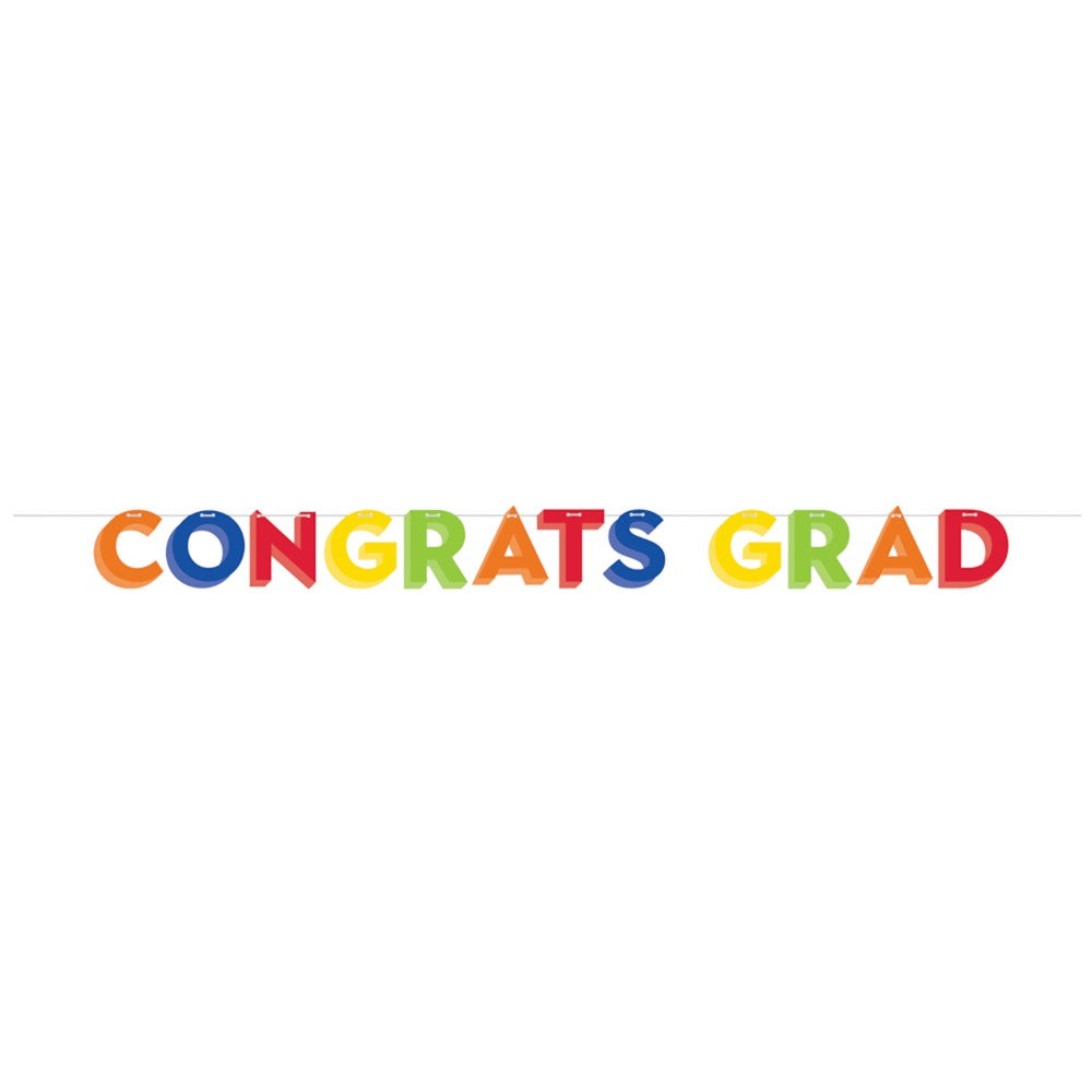 Colorful rainbow letter banner spelling "CONGRATS GRAD" with twine string for hanging.