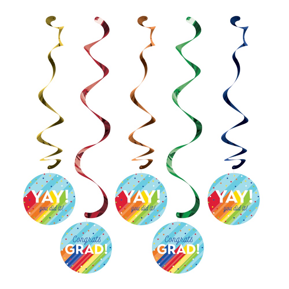 Set of five colorful spiral hanging decorations with round "Yay! Grad!" tags in rainbow colors.
