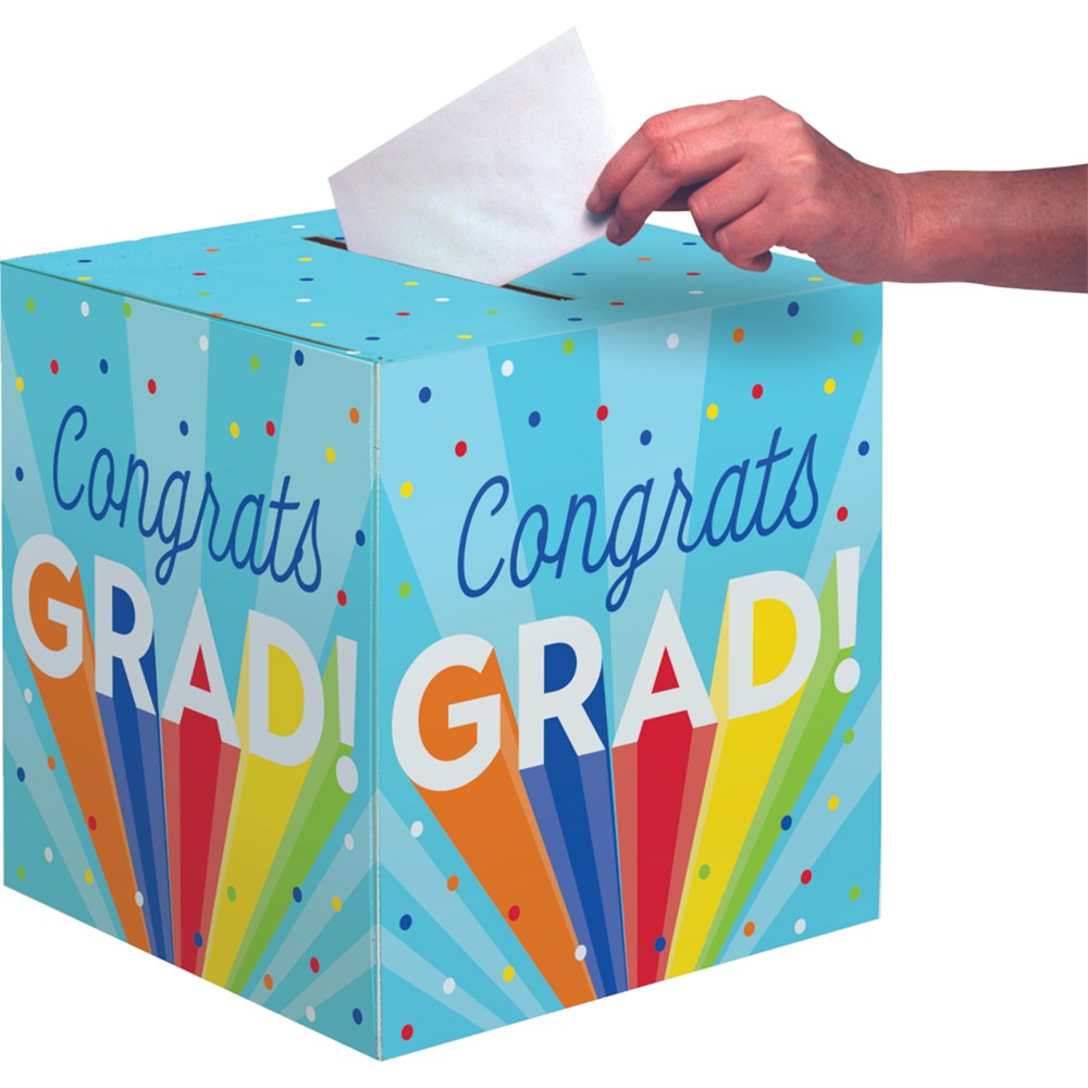 Colorful square card box with rainbow rays and "Congrats GRAD!" text on blue background with confetti.