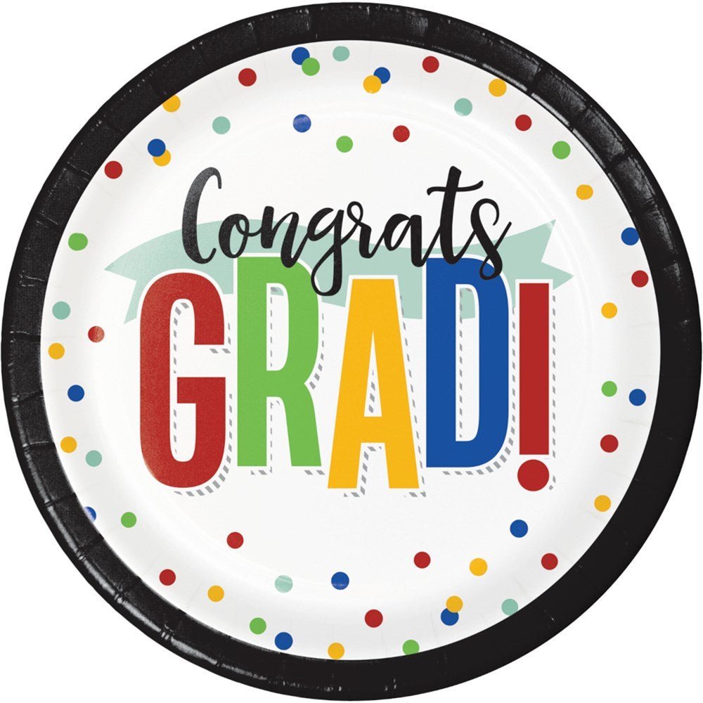 Round white paper plate with colorful confetti dots and "Congrats GRAD!" text in red, black, green, and yellow.