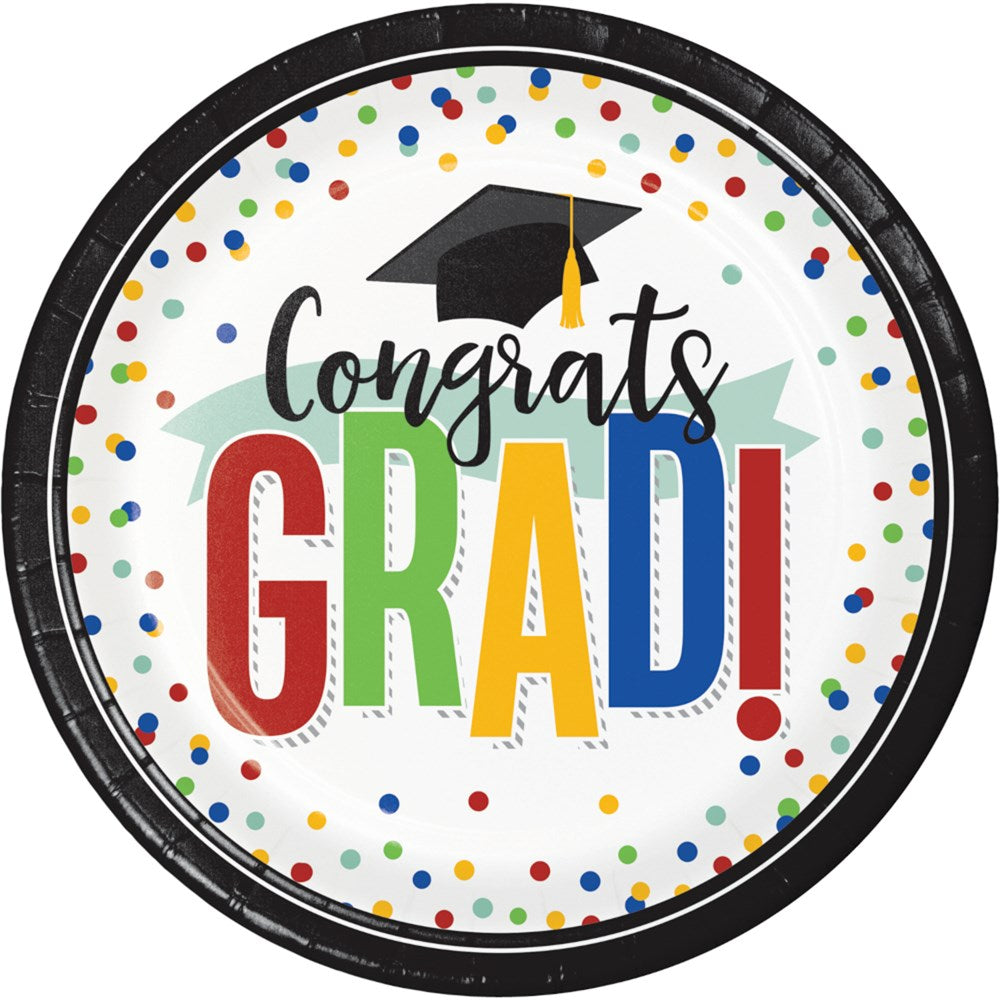 Round paper dinner plate with black rim, multicolored confetti, and "Congrats Grad!" text in black and rainbow colors,.