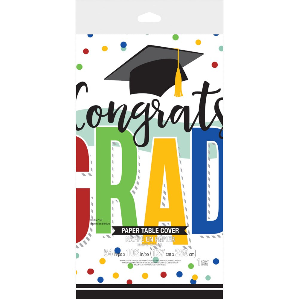 White paper tablecover border with colorful "Congrats Grad" text, black graduation cap, and multicolored confetti dots.