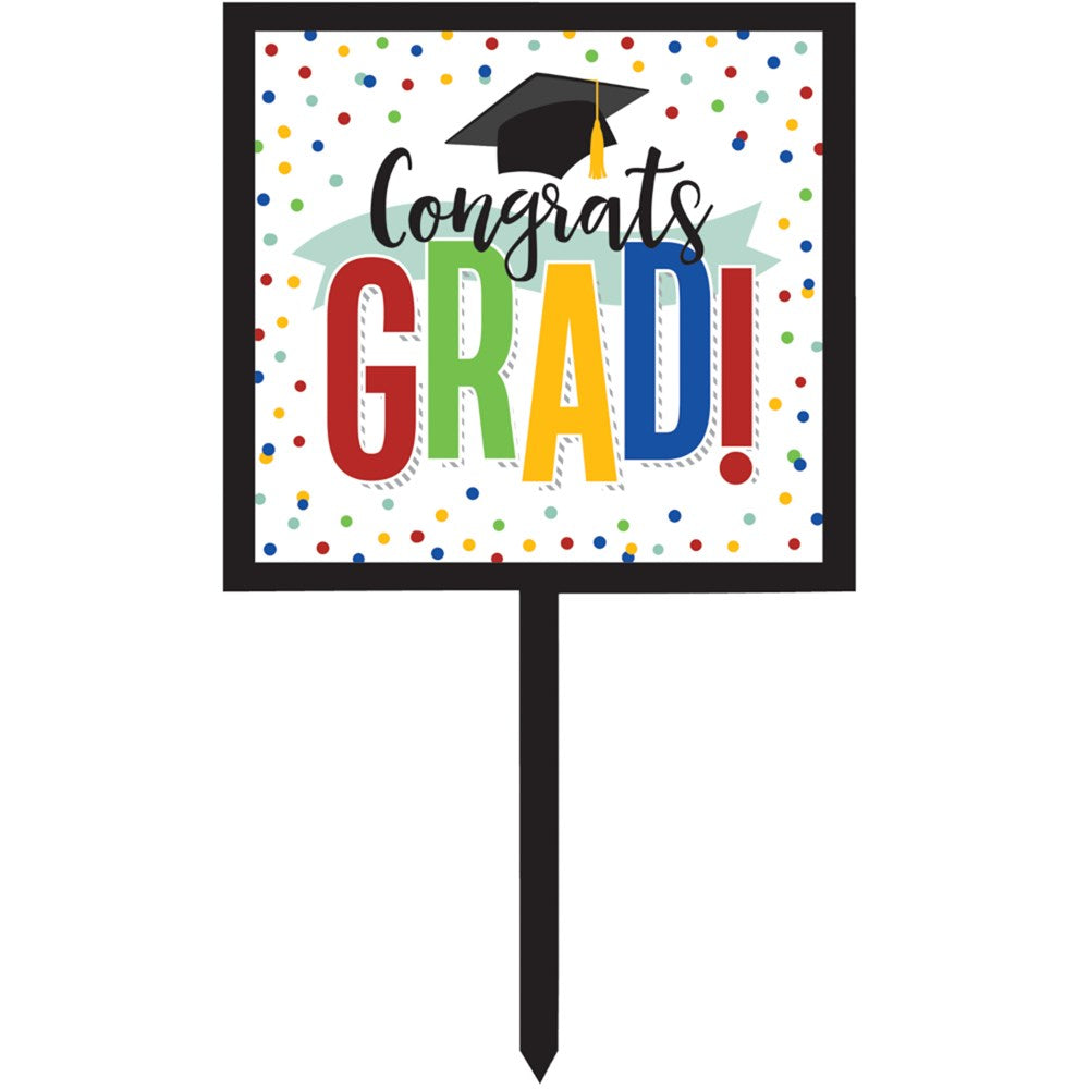 Square yard sign with black border, colorful confetti background, black graduation cap, and "Congrats GRAD!" text in black.