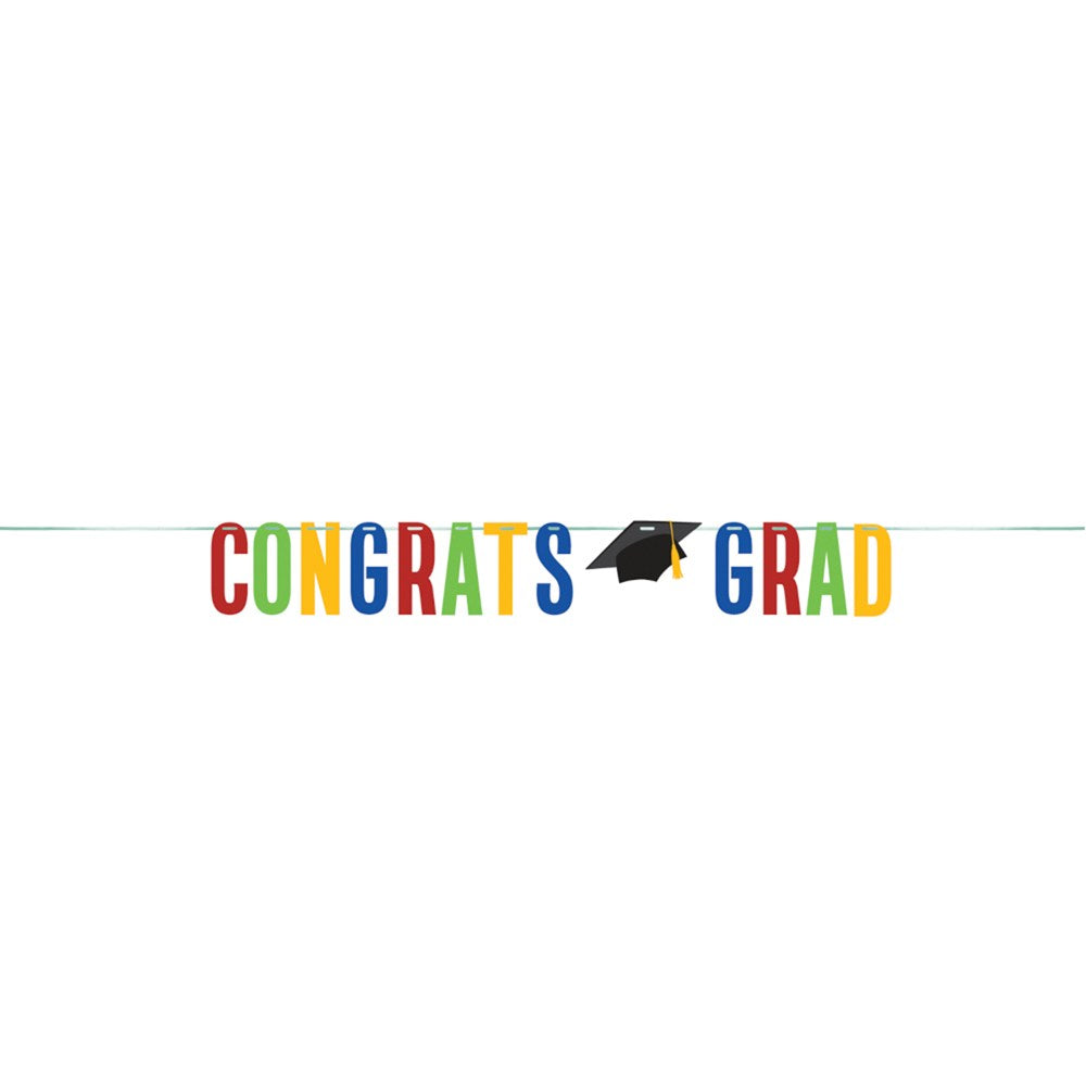 Colorful graduate banner with multicolored letters and a black graduation cap on twine string.