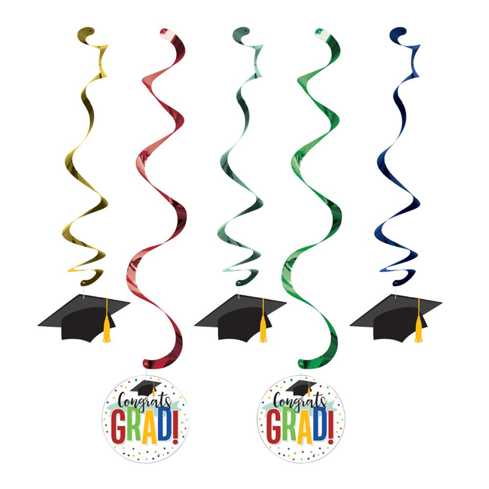 Five colorful spiral danglers in yellow, red, green, green, and blue, each with a black graduation cap and a round "Congrats