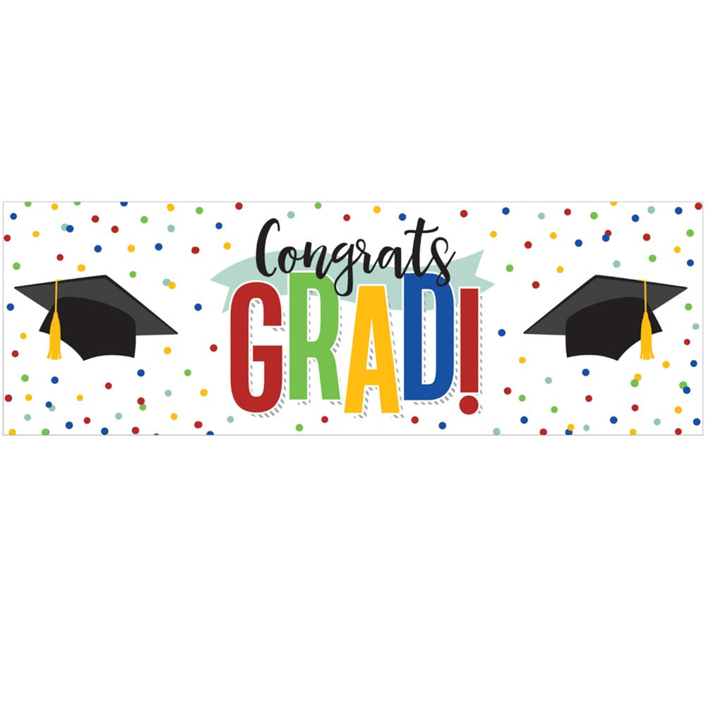 Colorful grad banner with multicolored letters, black graduation caps, and scattered confetti dots on white background.