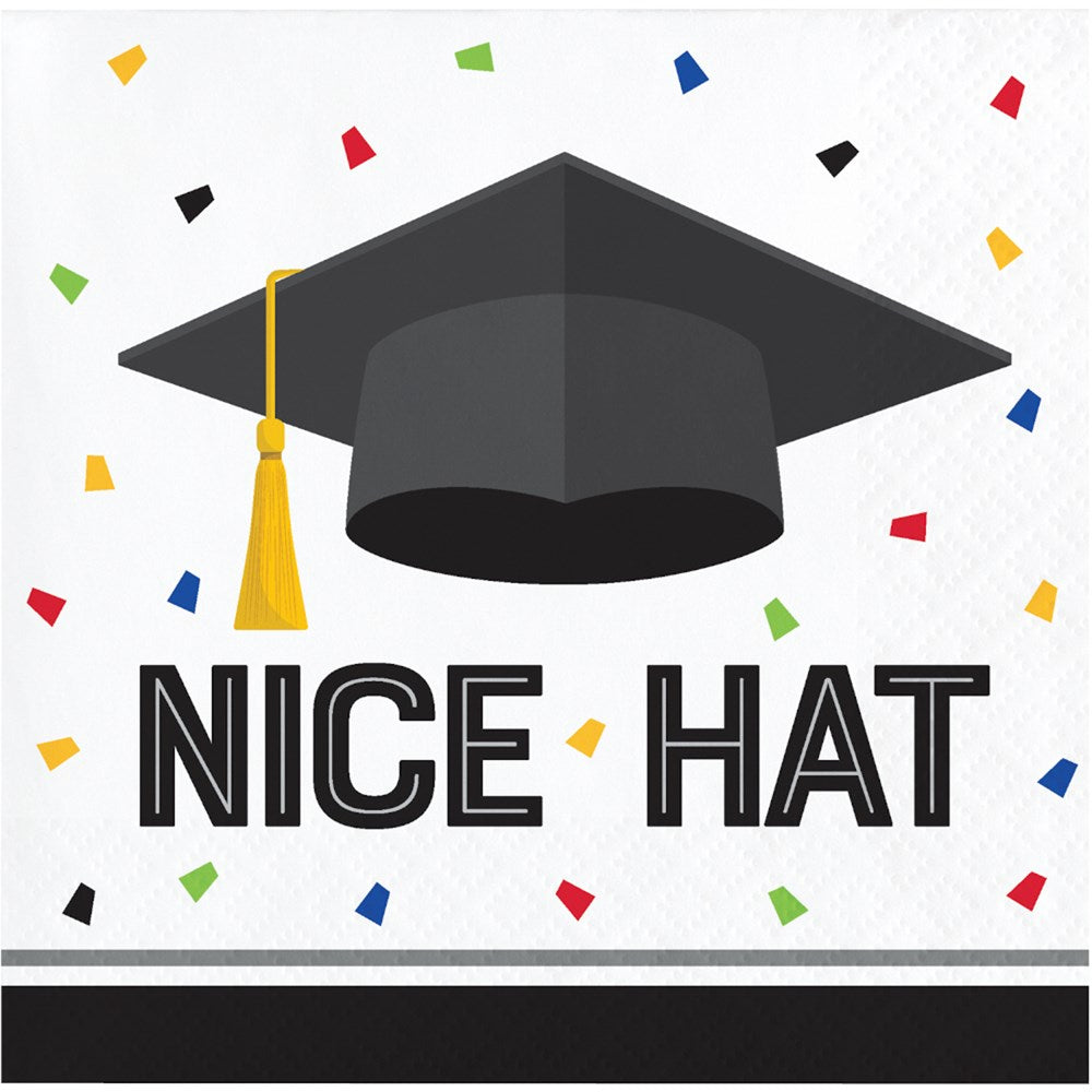 White beverage napkin with black graduation cap and yellow tassel illustration, "NICE HAT" text, and multicolored confetti.