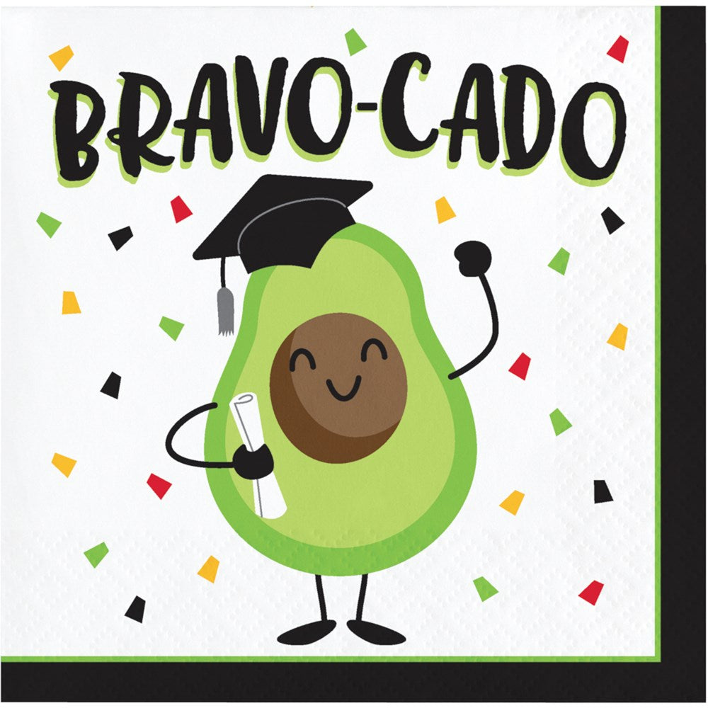 White beverage napkin with a smiling avocado wearing a black graduation cap holding a diploma, colorful confetti, and.