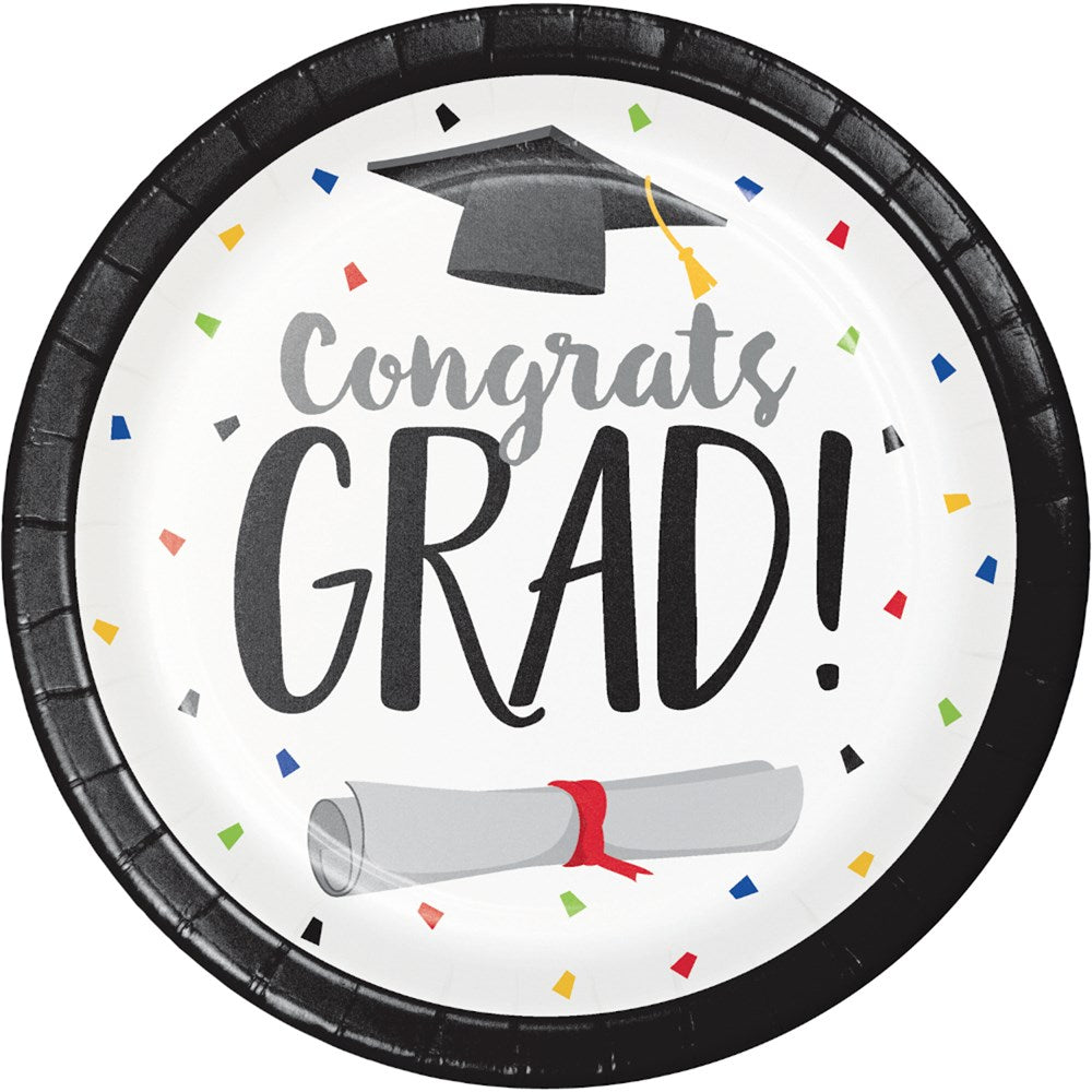 Round white paper plate with black rim featuring "Congrats Grad!" text, a black graduation cap, diploma with red ribbon, and