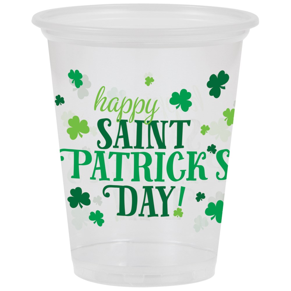 Clear 16oz plastic cup with green shamrocks and "Happy Saint Patrick's Day!" text in festive fonts.