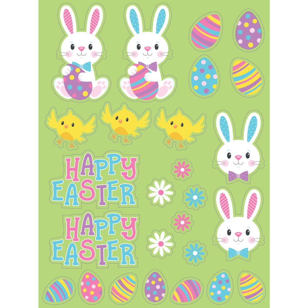 Colorful Easter stickers featuring pastel-striped eggs, white bunnies with pink ears, yellow chicks, flowers, and "Happy.