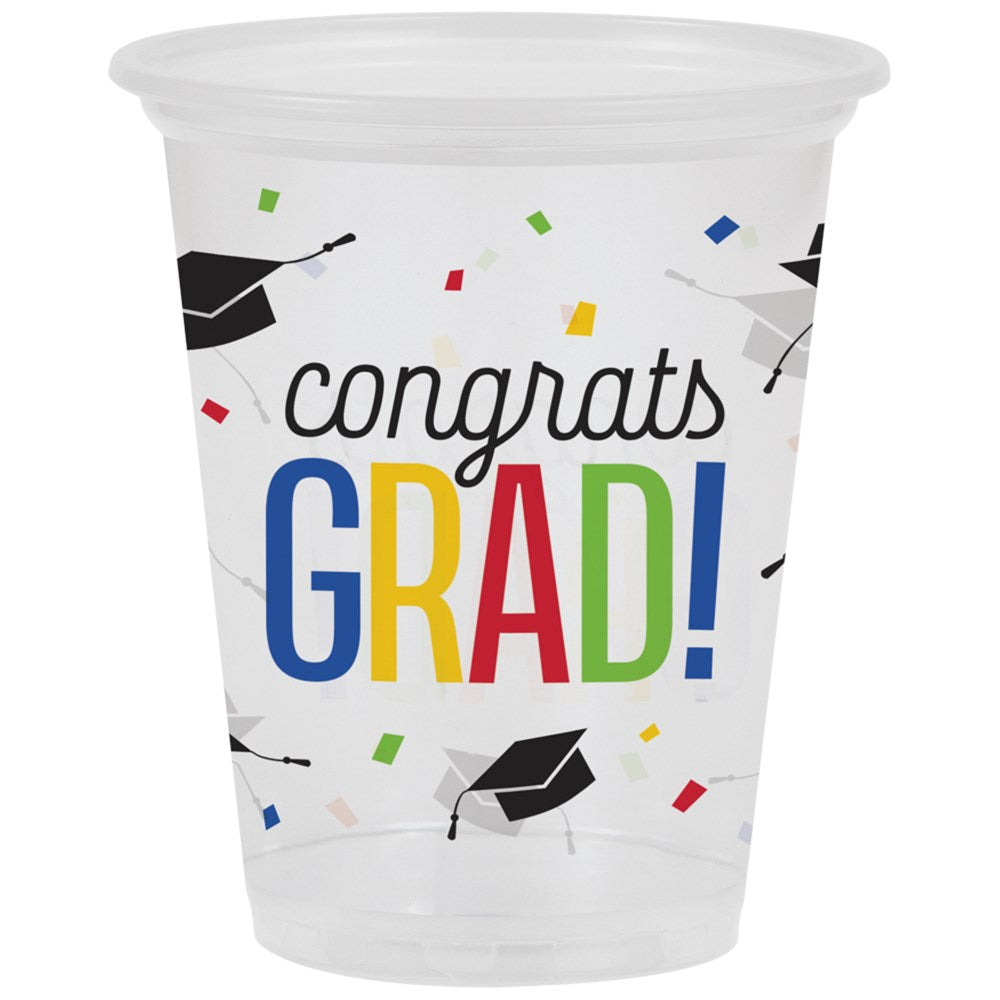 Clear 16oz plastic cup with colorful "Congrats Grad!" text and black graduation caps design.