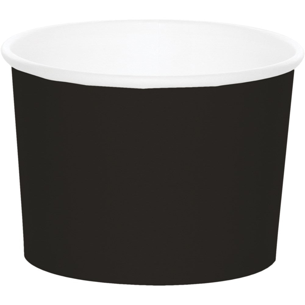 Black velvet textured round treat cup with white interior, disposable, pack of eight.