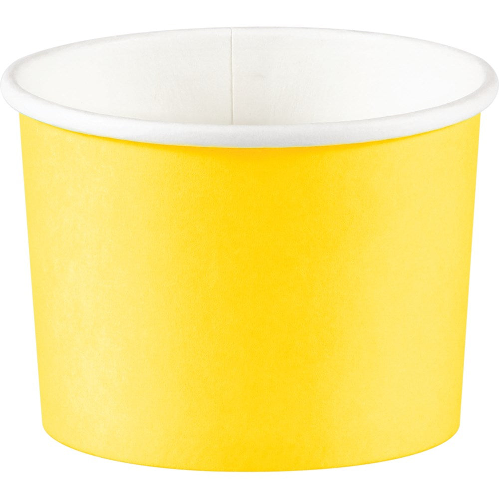 Bright yellow paper treat cup with wide, round shape and white interior rim.