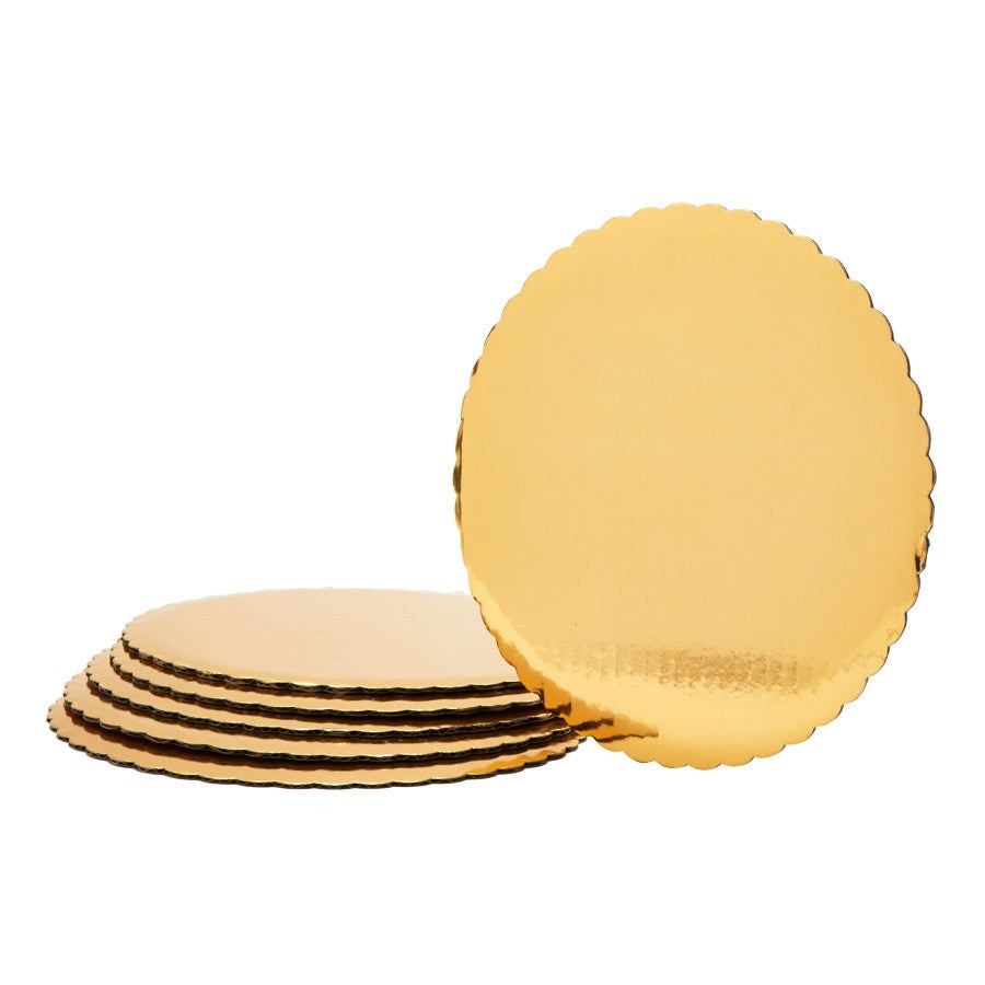 Set of six 10-inch gold foil-covered round cake boards with scalloped edges.