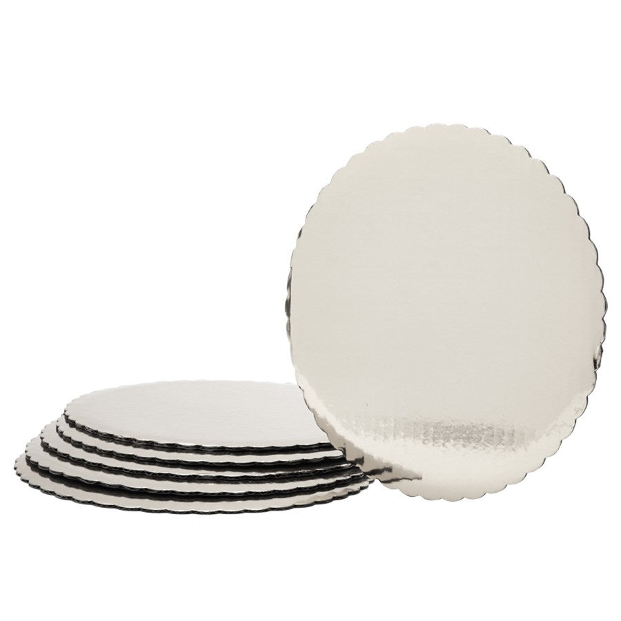 Set of six round 12-inch silver foil-covered cake boards with scalloped edges and a slightly textured surface.
