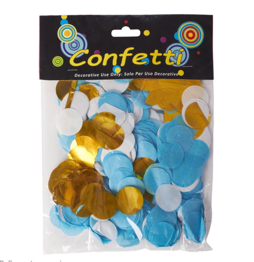 Blue, white, and gold round paper confetti pieces in a clear plastic bag with a black colorful header labeled "Confetti".