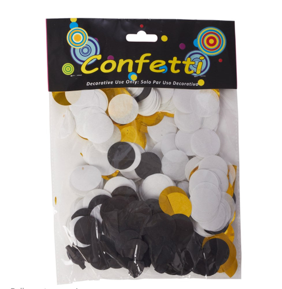Bag of mixed gold, black, and white round paper confetti, 1-inch size, in clear plastic packaging with a colorful "Confetti"