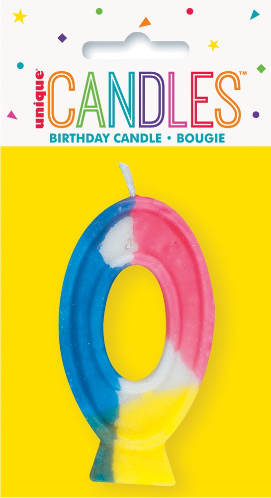 Number zero birthday candle in blue, pink, and yellow on yellow backing card.