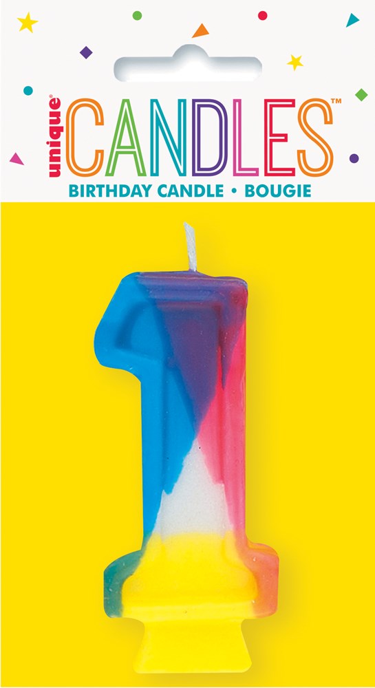 Colorful number "1" birthday candle with blue, pink, and yellow drip design on yellow backing card.