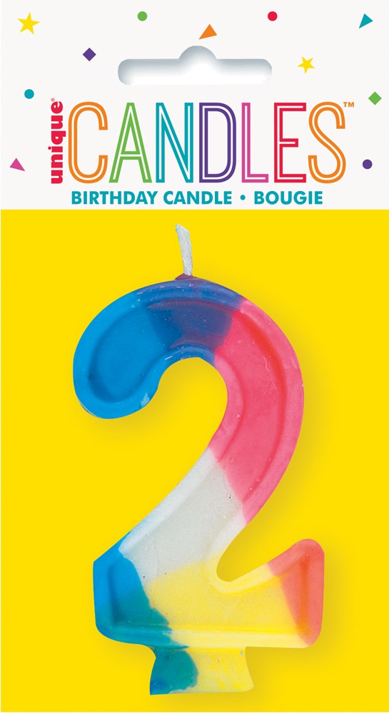 Multicolor number 2 birthday candle with blue, red, white, and yellow sections on yellow card backing.
