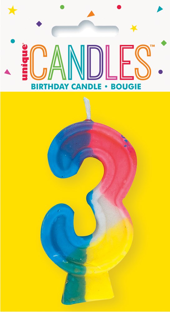 Multicolor number 3 birthday candle with blue, red, and yellow sections on yellow backing card.
