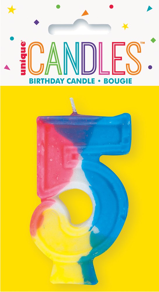 Colorful number 5 birthday candle with red, yellow, and blue sections on yellow backing card.
