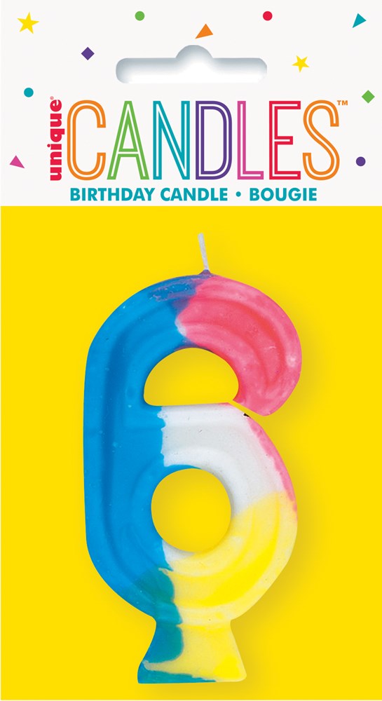 Colorful birthday candle shaped like the number 6 with blue, pink, white, and yellow sections.