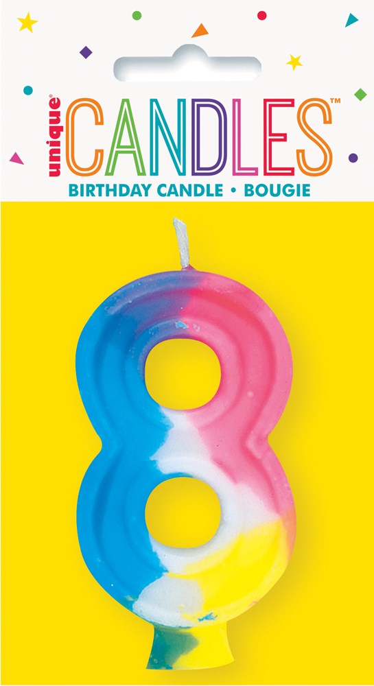 Blue, pink, and white number 8 birthday candle with a wick on top.