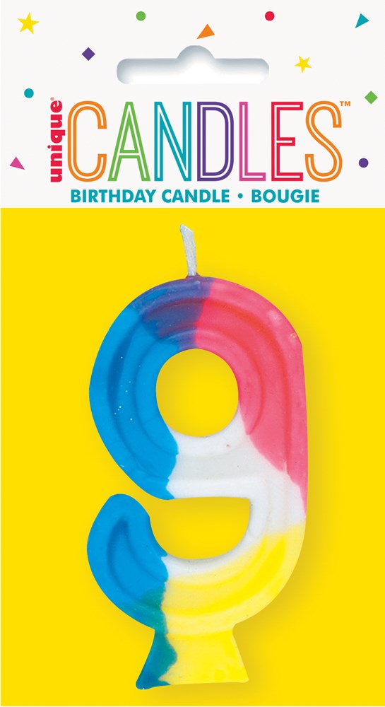 Multicolor number 9 birthday candle with blue, white, and pink sections on yellow backing card.