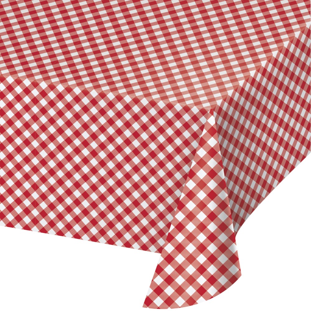 Red and white gingham paper tablecover with classic checkered pattern, 54x102 inches.