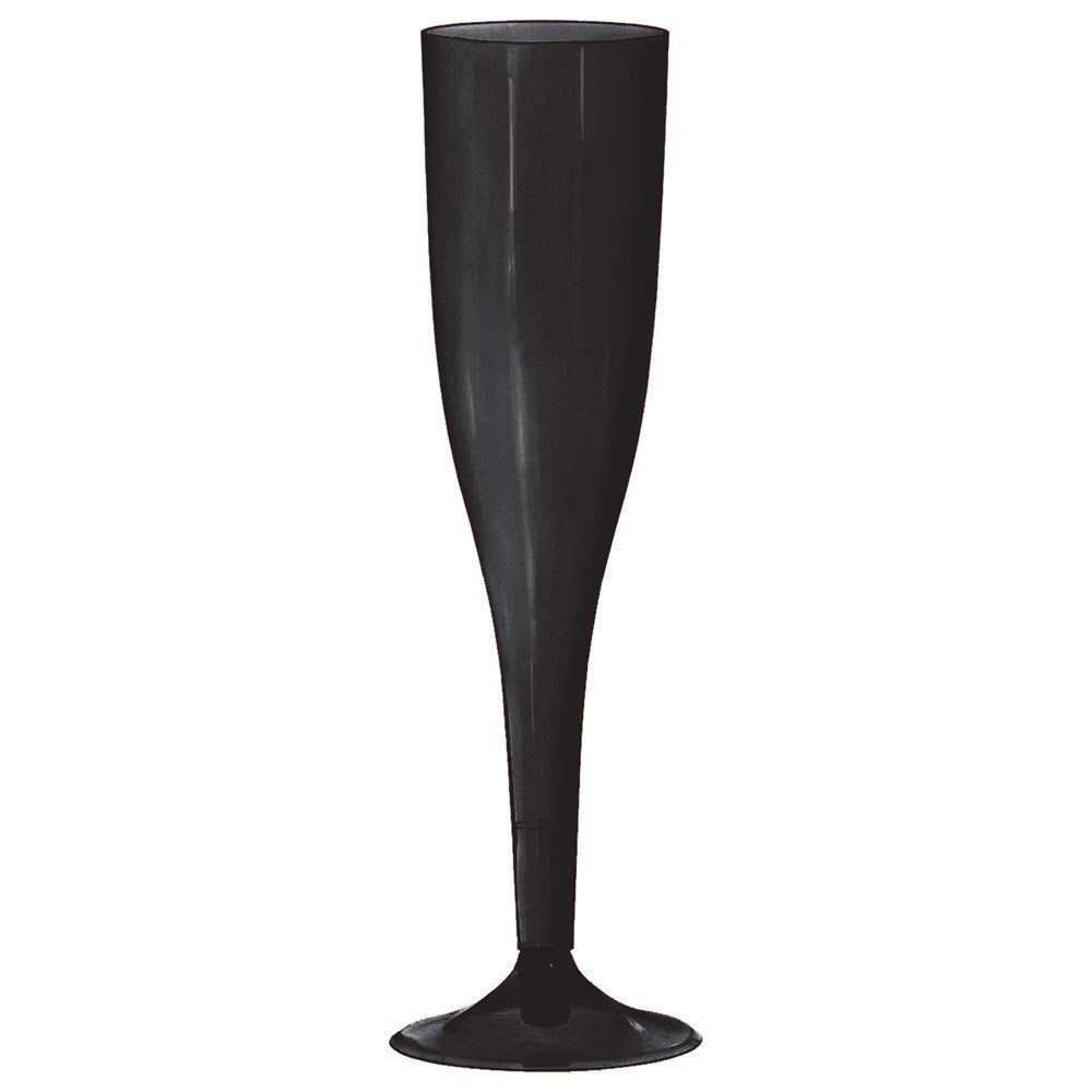 Tall sleek black plastic champagne flute with thin stem and flared base.