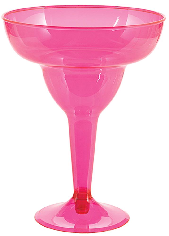 Bright pink neon plastic margarita glass with wide bowl and slender stem.