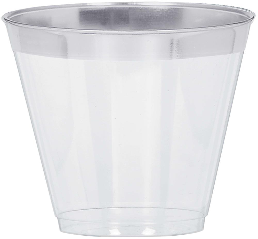 Clear plastic tumbler with silver trim rim, 9-ounce capacity, tapered shape.