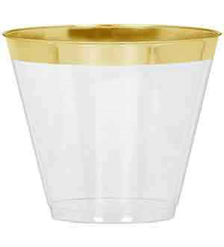 Clear 9oz plastic tumbler with a shiny gold trim around the rim.