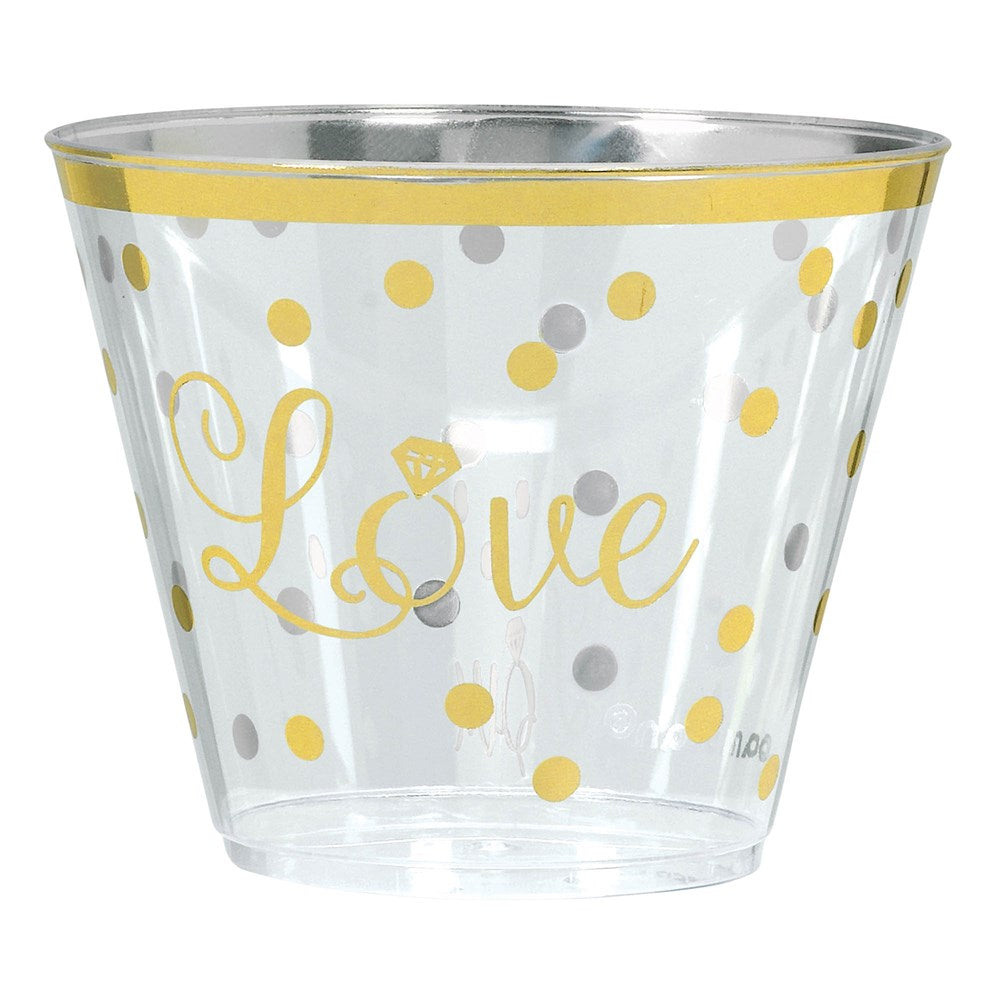 Clear 9oz plastic tumbler with gold and silver polka dots, gold rim, and "Love" text with diamond ring graphic.