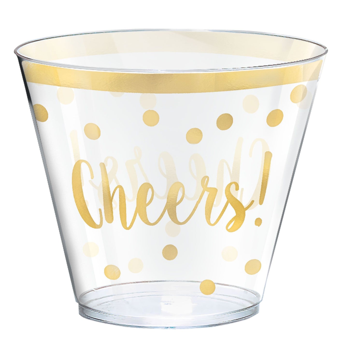 Clear plastic tumbler with gold polka dots, gold rim, and “Cheers!” printed in gold cursive.