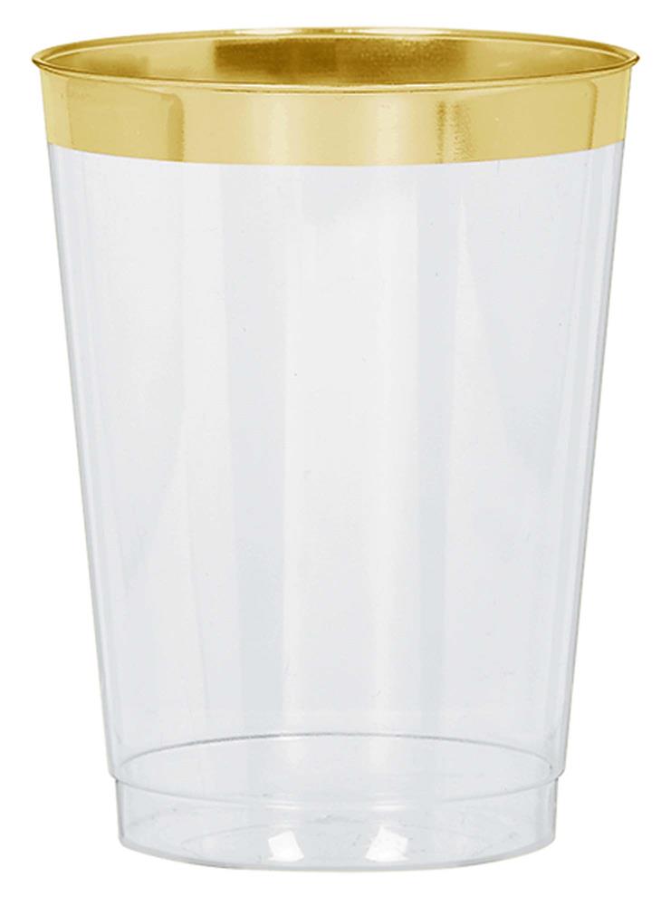 Clear plastic tumbler with a shiny gold metallic rim, 10-ounce capacity.