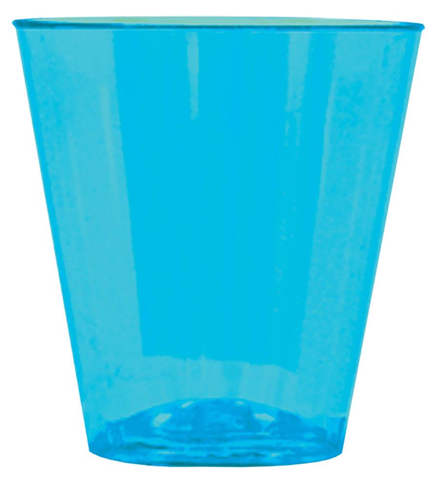 Blue translucent plastic shot glass with a tapered cylindrical shape, 2-ounce capacity.