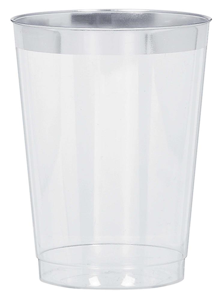 Clear plastic tumbler with a shiny silver rim, tapered cylindrical shape, 10-ounce capacity.