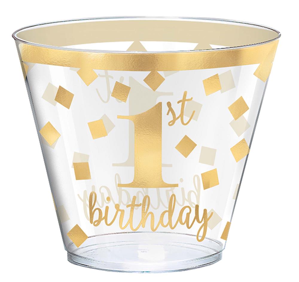 Clear 9-ounce plastic tumbler with gold confetti design and "1st birthday" text in gold script.