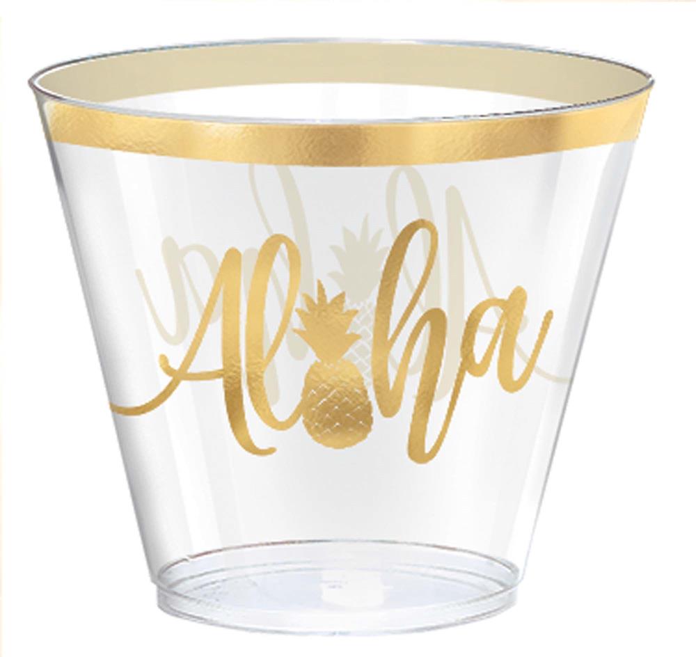 Clear plastic tumbler with gold "Aloha" text and pineapple graphic, gold rim, 9 oz capacity.