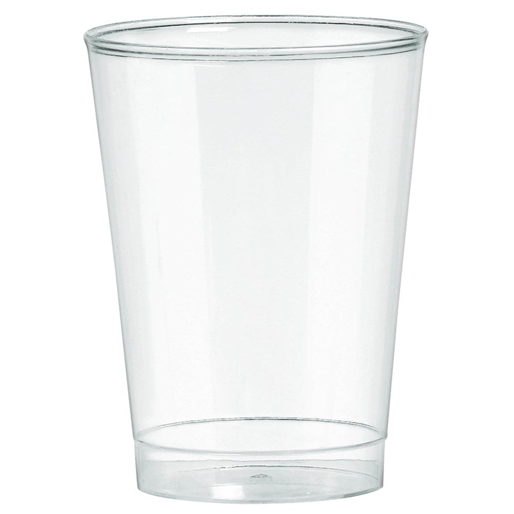 Clear plastic tumbler with smooth sides and a slightly tapered shape, 10-ounce capacity.