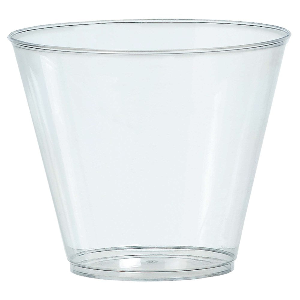 Clear disposable plastic cup with a 9-ounce capacity and slightly tapered sides.
